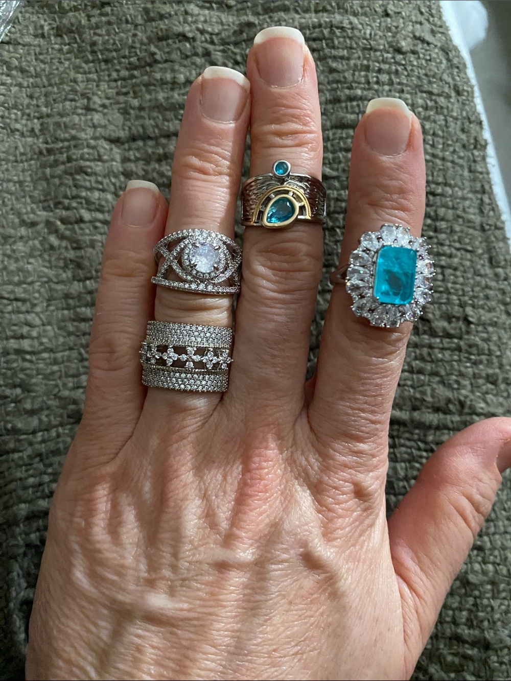 Fashion Jewelry Silver Rings with Turquoise-Blue Accents and Clear CZ Halos